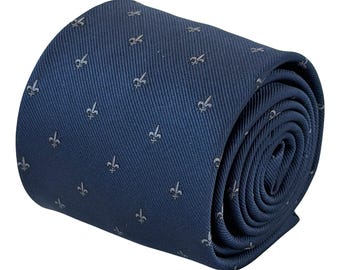 Navy Blue Fleur de Lis Tie, Silver Grey French Lily Necktie, Smart Formal Men’s Tie, Wedding Gift for Him – Frederick Thomas