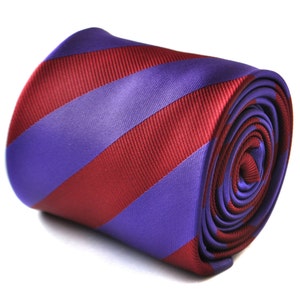 Maroon red and cadbury purple barber striped tie with signature floral design to the rear by Frederick Thomas FT1743