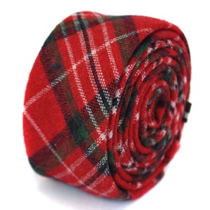 skinny red tartan check tweed wool Christmas tie by Frederick Thomas FT1947