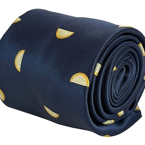 navy blue tie with yellow lemon quirky fruit design by Frederick Thomas