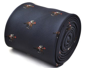 navy tie with horse jockey embroidered design with signature floral design to the rear by Frederick Thomas FT1548