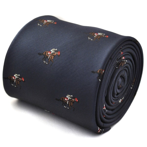 navy tie with horse jockey embroidered design with signature floral design to the rear by Frederick Thomas FT1548