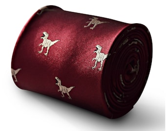 burgundy maroon tie with dinosaur t-rex embroidered design by Frederick Thomas FT3338