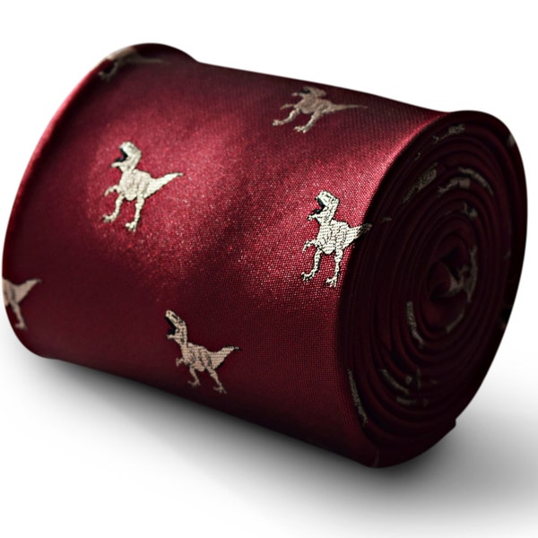 burgundy maroon tie with dinosaur t-rex embroidered design by Frederick Thomas FT3338