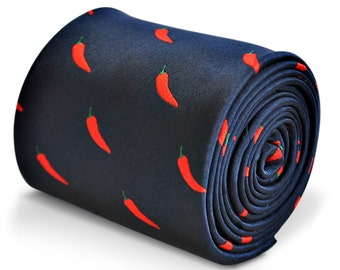 navy blue tie with chilli design with signature floral design to the rear by Frederick Thomas FT3243