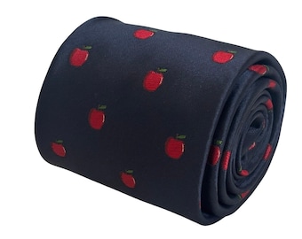 navy dark blue tie with red apple design embroidered design by Frederick Thomas