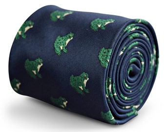 navy tie with green frog embroidered design with signature floral design to the rear by Frederick Thomas FT3260