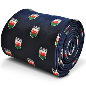 navy blue tie with welsh flag crest design with signature floral design to the rear by Frederick Thomas FT3239