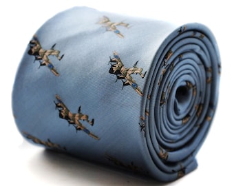 light blue tie with lancaster bomber plane embroidered design with signature floral design to the rear by Frederick Thomas FT622