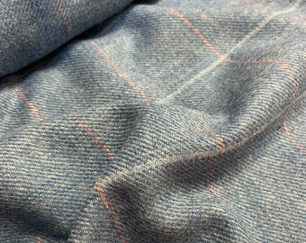 Luxury 100% Wool in Baby Light Blue Checked Plaid Tweed Style Fabric Material for Upholstery, Sofa, Cushion, Chairs, Coat, Clothes