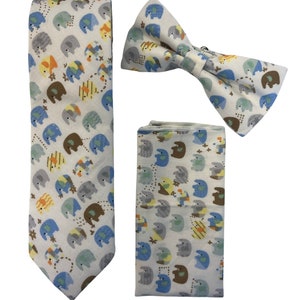 Frederick Thomas ivory cotton mixed elephants design matching cotton neck-tie pocket square bow-tie