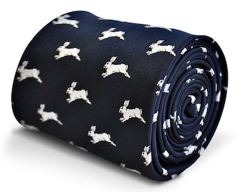 navy blue tie with leaping rabbit design  by Frederick Thomas FT3242