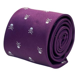 plum purple aubergine skull and crossbone design tie, bow tie & matching pocket square set handkerchief by Frederick Thomas