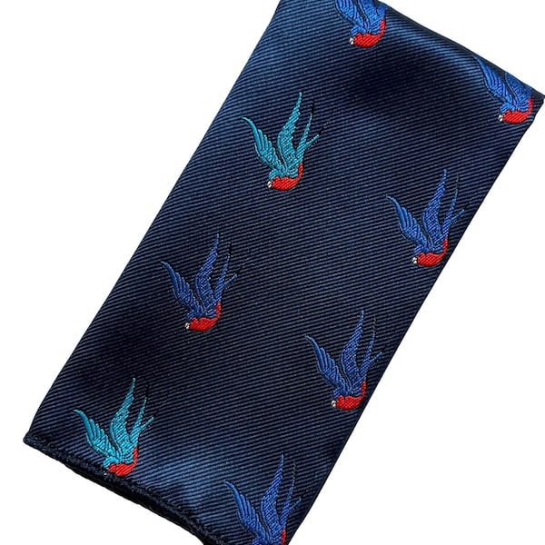 Frederick Thomas navy pocket square with swallow bird embroidered design