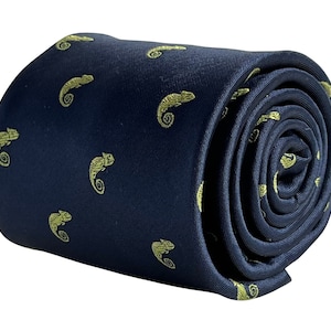 navy blue men-s tie with chameleon lizard reptile design classic necktie  by Frederick Thomas