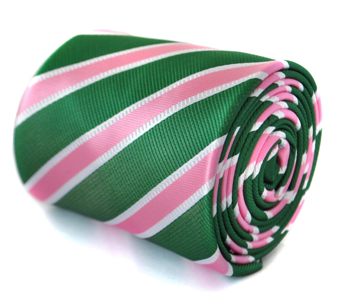 Green Tie With Pink and White Club Stripes With Signature Floral Design