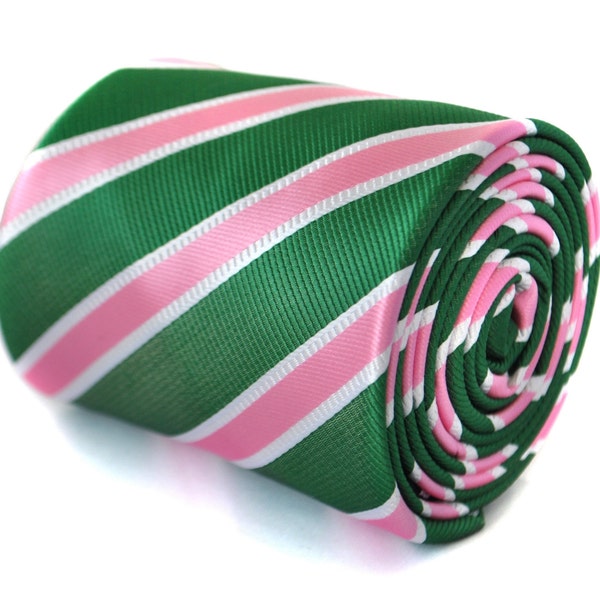 green tie with pink and white club stripes with signature floral design to rear by Frederick Thomas FT2064
