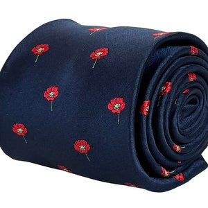 navy blue tie with red poppy design by Frederick Thomas