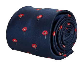 navy blue tie with red poppy design by Frederick Thomas