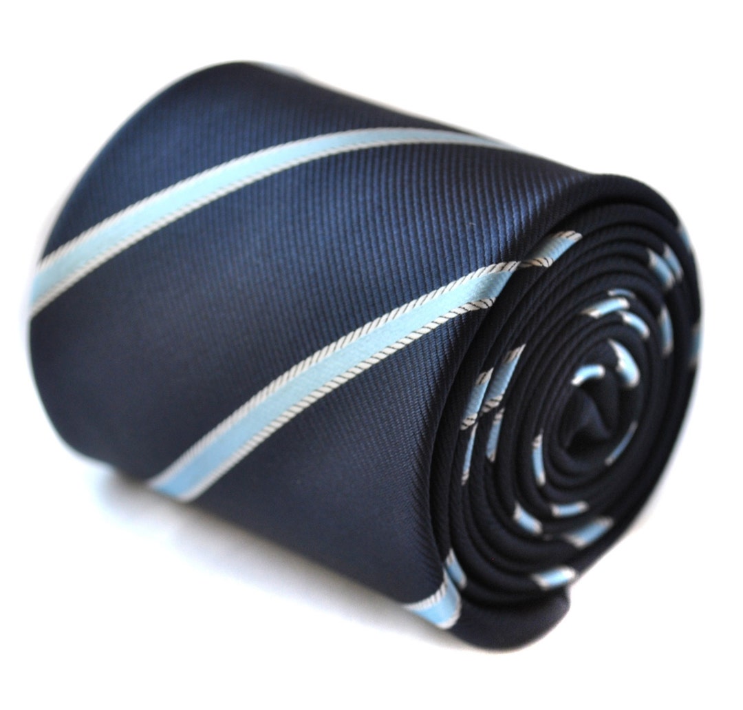Navy Blue and Light Blue Ribbon Stripe Tie With Signature Floral Design ...