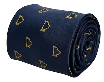 May include: A navy blue tie with a repeating pattern of gold harp silhouettes.