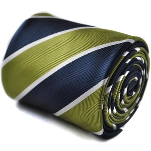 lime green, navy and white barber striped tie with floral design to the rear by Frederick Thomas FT1604