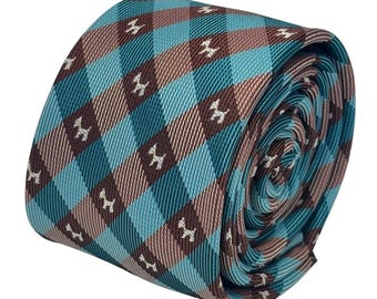 turquoise green mens tie and mocha brown plaid gingham style with scottie dog Scottish Terrier