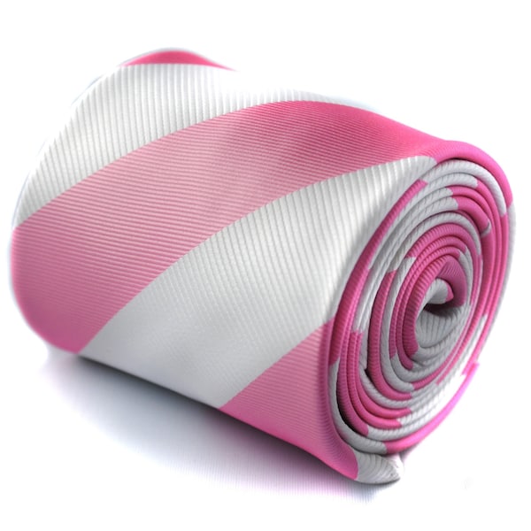 pink and white barber striped tie with signature floral design to the rear by Frederick Thomas FT438