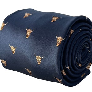 navy blue tie with highland cow design by Frederick Thomas