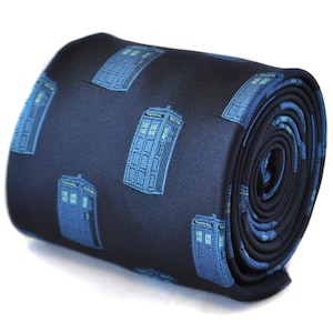 navy blue tie with blue policeman box embroidered design  by Frederick Thomas FT2109