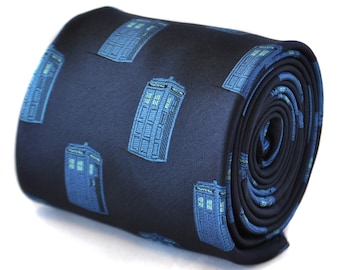 navy blue tie with blue policeman box embroidered design  by Frederick Thomas FT2109