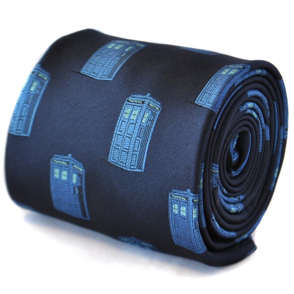 navy blue tie with blue policeman box embroidered design  by Frederick Thomas FT2109