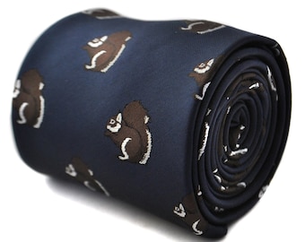 Navy tie with squirrel design with signature floral design to the rear by Frederick Thomas FT1797