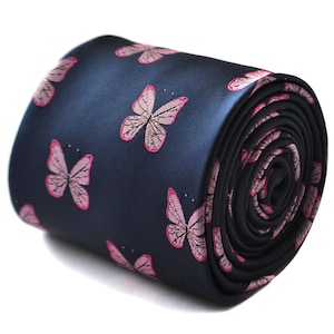 navy tie with pink butterfly embroidered design with signature floral design to the rear by Frederick Thomas FT1829