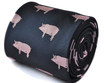 navy tie with pig embroidered design with signature floral design to the rear by Frederick Thomas FT1532