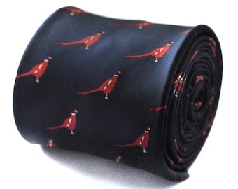 navy tie with pheasant design with signature floral design to rear by Frederick Thomas FT660