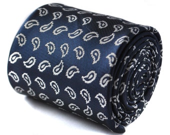 navy blue with paisley print tie with floral design to the rear by Frederick Thomas FT16011960s necktie