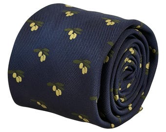 Navy Blue Olive Branch Tie, Olive Design Mens Necktie, 8cm Classic Business Wedding Tie, Foodie Gift for Him – Frederick Thomas
