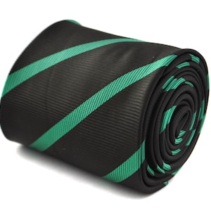 Black and green club striped tie with signature floral design to the rear by Frederick Thomas FT1769