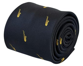 Black Saxophone Tie, Gold Sax Music Necktie, Jazz Musician Gift, Music Teacher Gift, Novelty Men’s Tie – Frederick Thomas