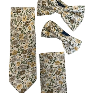 Frederick Thomas ivory cotton english wildflower garden design matching cotton neck-tie pocket square bow-tie kids and adults
