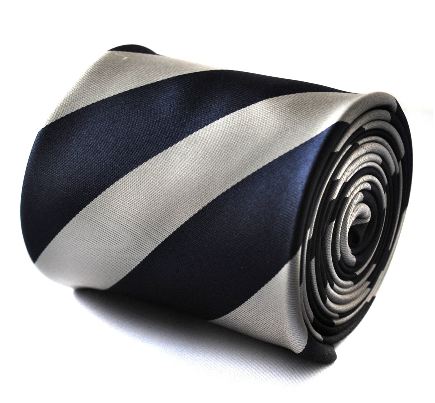 silver grey and navy blue barber striped tie with floral design to the rear by Frederick Thomas FT711