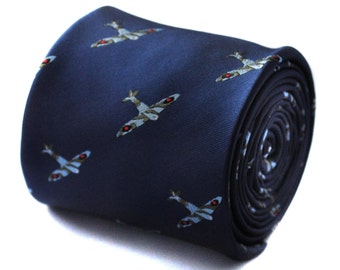 navy tie with spitfire plane embroidered design with signature floral design to the rear by Frederick Thomas FT663