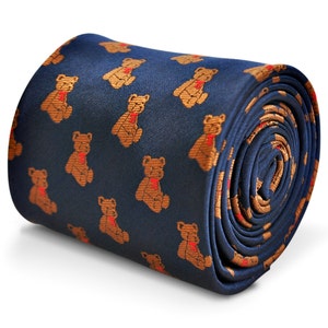 navy tie with teddy bear embroidered design with signature floral design to the rear by Frederick Thomas FT3234