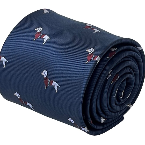 navy blue mens tie with dachshund sausage dog in jumper design by Frederick Thomas