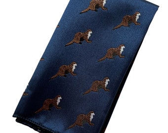 Frederick Thomas navy pocket square with otter embroidered design