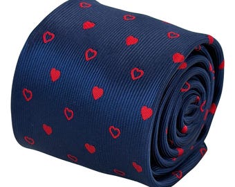 Navy Blue Red Heart Tie, Men's Heart Necktie, Valentine's Day Gift for Him, Anniversary Wedding Tie, Romantic Gift for Men