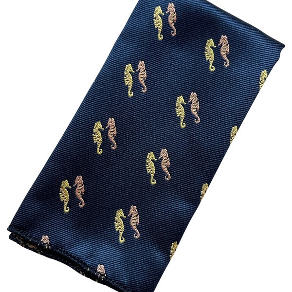Frederick Thomas navy pocket square with seahorse embroidered design