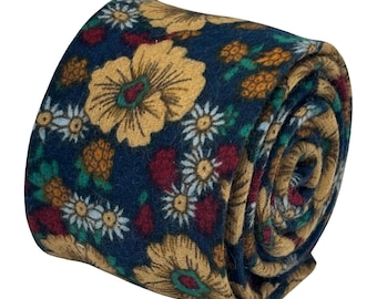 navy blue yellow geranium floral tie  vintage 1940s style by Frederick Thomas