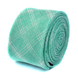 light sea green check cotton skinny tie by Frederick Thomas FT1980
